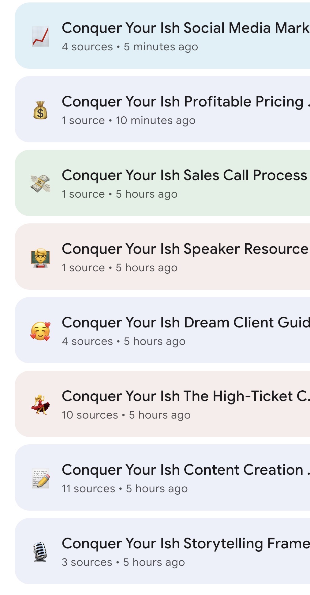 Example AI Content Hub showing organized notebooks for pricing, sales calls, content creation, and storytelling frameworks